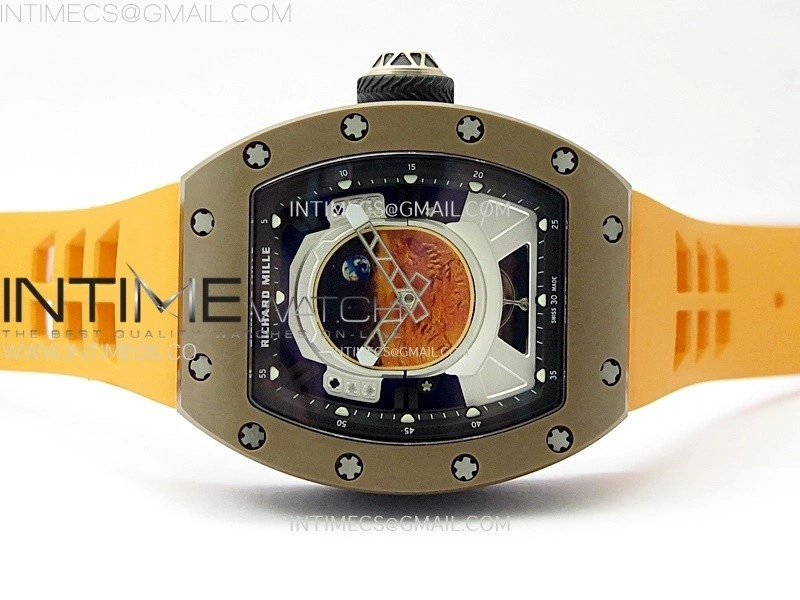 RM052-05 Brown Ceramic Bezel Carbon Case YSF Best Edition Skeleton Dial on Orange Rubber Strap Tourbillon