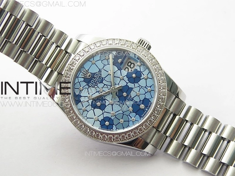 DateJust 31mm 278274 904L SS Crystals Bezel GMF Best Edition Blue Flowers Crystals Dial on 904L President Bracelet A2824