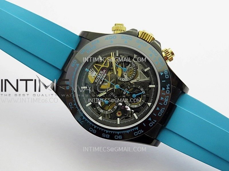 Daytona Blaken Carbon Bezel PVD Sonic Best Edition Skeleton Dial On Blue Rubber Strap Super Clone SA4130