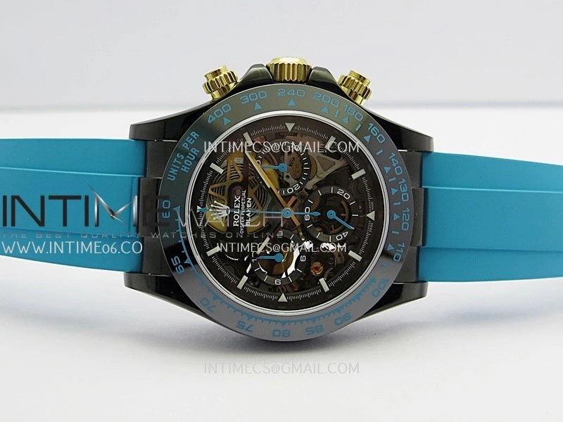 Daytona Blaken Carbon Bezel PVD Sonic Best Edition Skeleton Dial On Blue Rubber Strap Super Clone SA4130