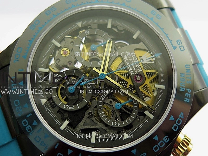 Daytona Blaken Carbon Bezel PVD Sonic Best Edition Skeleton Dial On Blue Rubber Strap Super Clone SA4130