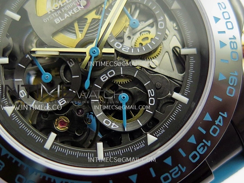 Daytona Blaken Carbon Bezel PVD Sonic Best Edition Skeleton Dial On Blue Rubber Strap Super Clone SA4130