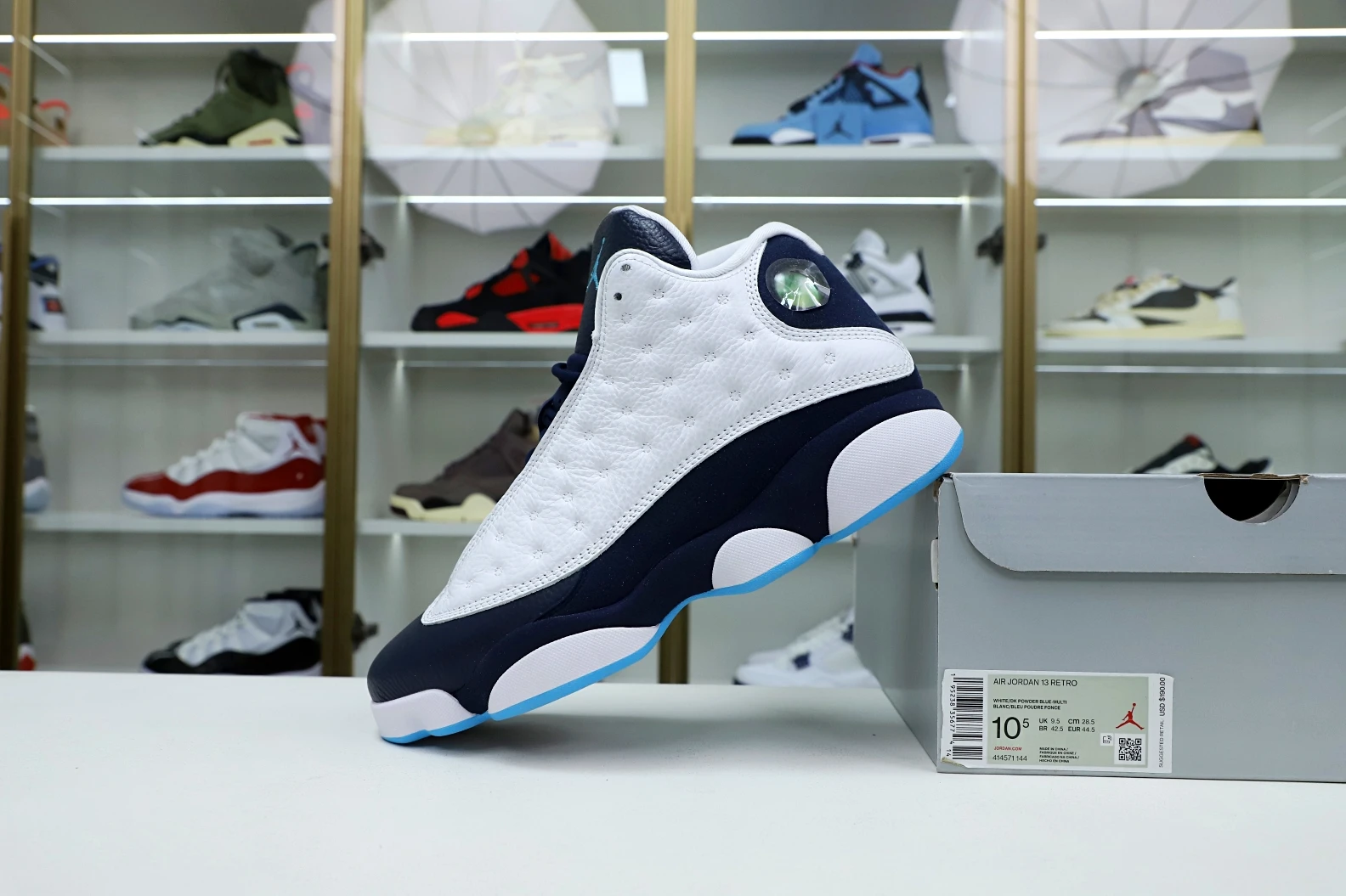 Kimikick AIR JORDAN 13 RETRO WHITE OBSIDIAN POWDER BLUE 414571- SportInspired 1937