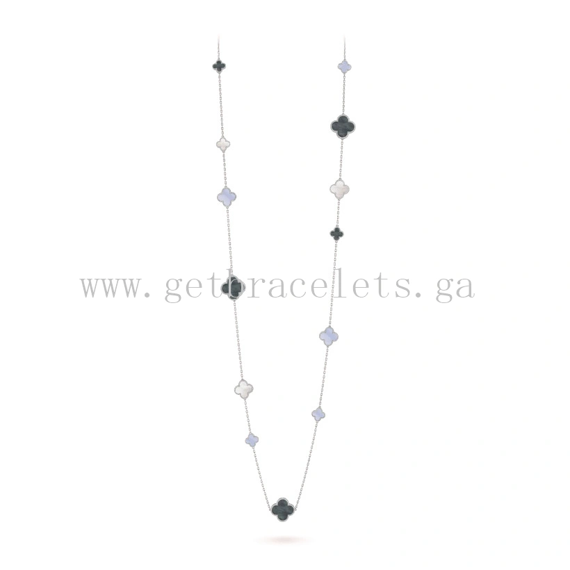 1:1 Van Cleef & Arpels Magic Alhambra Long Necklace 16 Motifs Chalcedony and White and Gray mother-of-pearl
