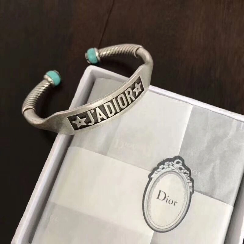 2018 Unique Style Dior J??ADIOR Unisex Retro Silver Logo Pattern Turquoise Green Open Adjustable Fake Bracelet