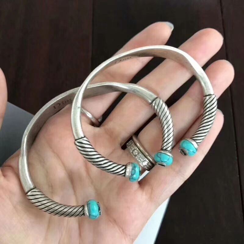 2018 Unique Style Dior J??ADIOR Unisex Retro Silver Logo Pattern Turquoise Green Open Adjustable Fake Bracelet