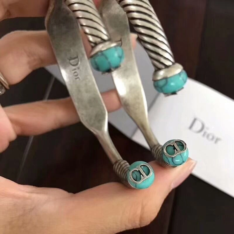 2018 Unique Style Dior J??ADIOR Unisex Retro Silver Logo Pattern Turquoise Green Open Adjustable Fake Bracelet