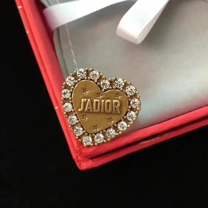 2019 High End Dior J’Adior Logo Pattern Diamonds Edging Women Heart Shaped Brass Ring For Sale