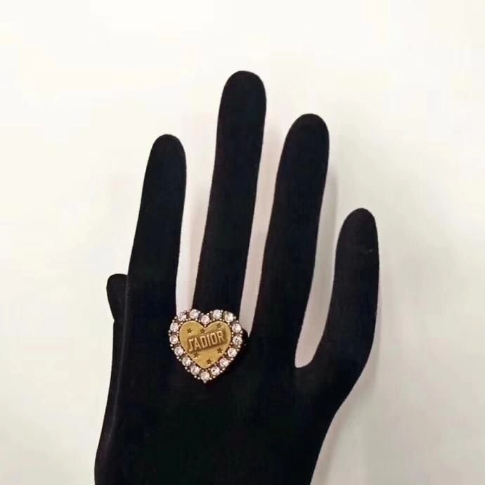 2019 High End Dior J’Adior Logo Pattern Diamonds Edging Women Heart Shaped Brass Ring For Sale