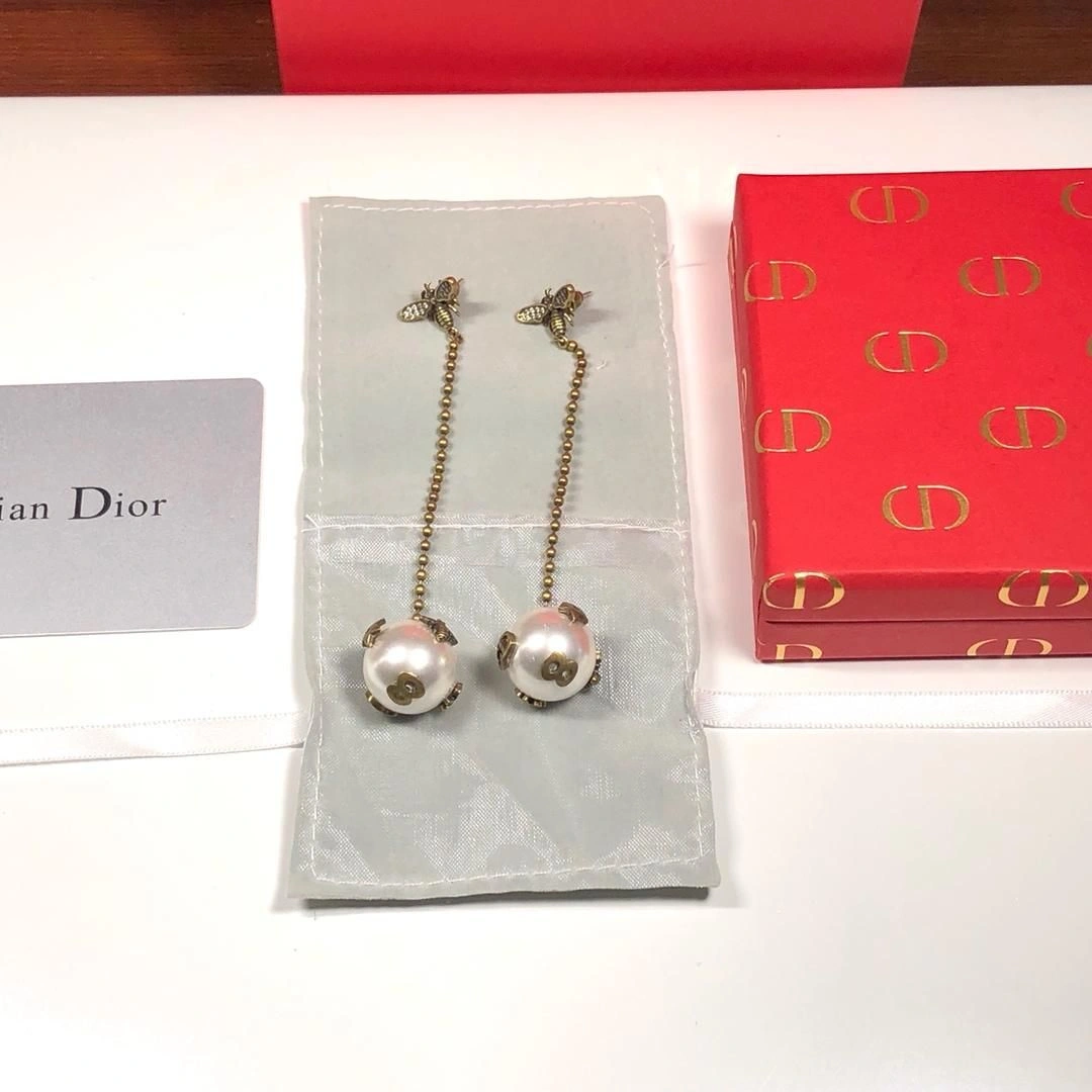 2019 Limited Edittion Christian Dior White Pearl Ball Pendant Yellow Gold Bee Diamonds Drop Earrings For Ladies