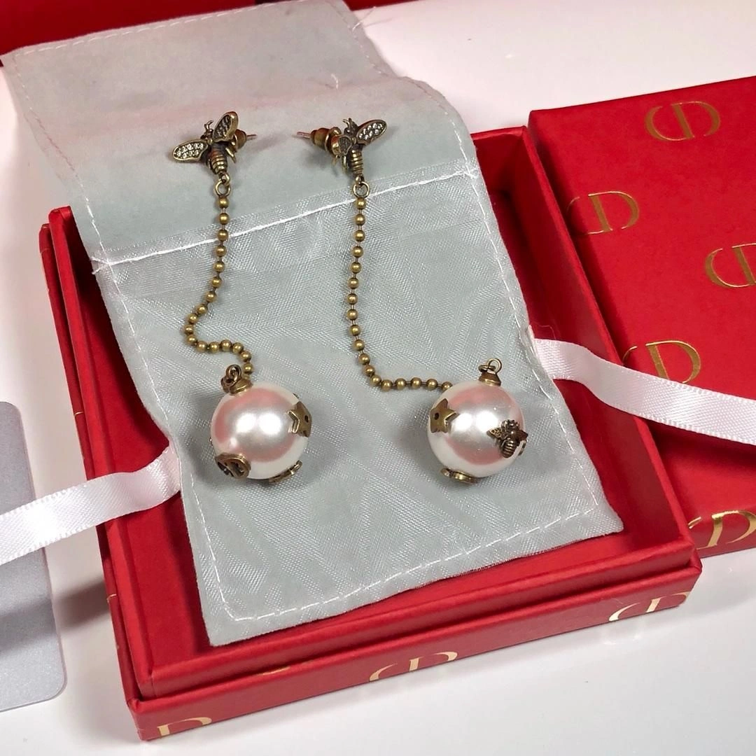 2019 Limited Edittion Christian Dior White Pearl Ball Pendant Yellow Gold Bee Diamonds Drop Earrings For Ladies