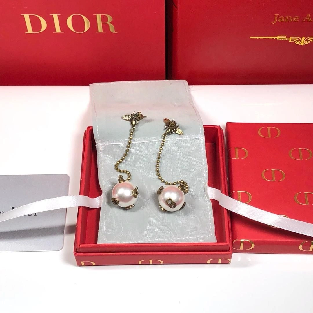 2019 Limited Edittion Christian Dior White Pearl Ball Pendant Yellow Gold Bee Diamonds Drop Earrings For Ladies
