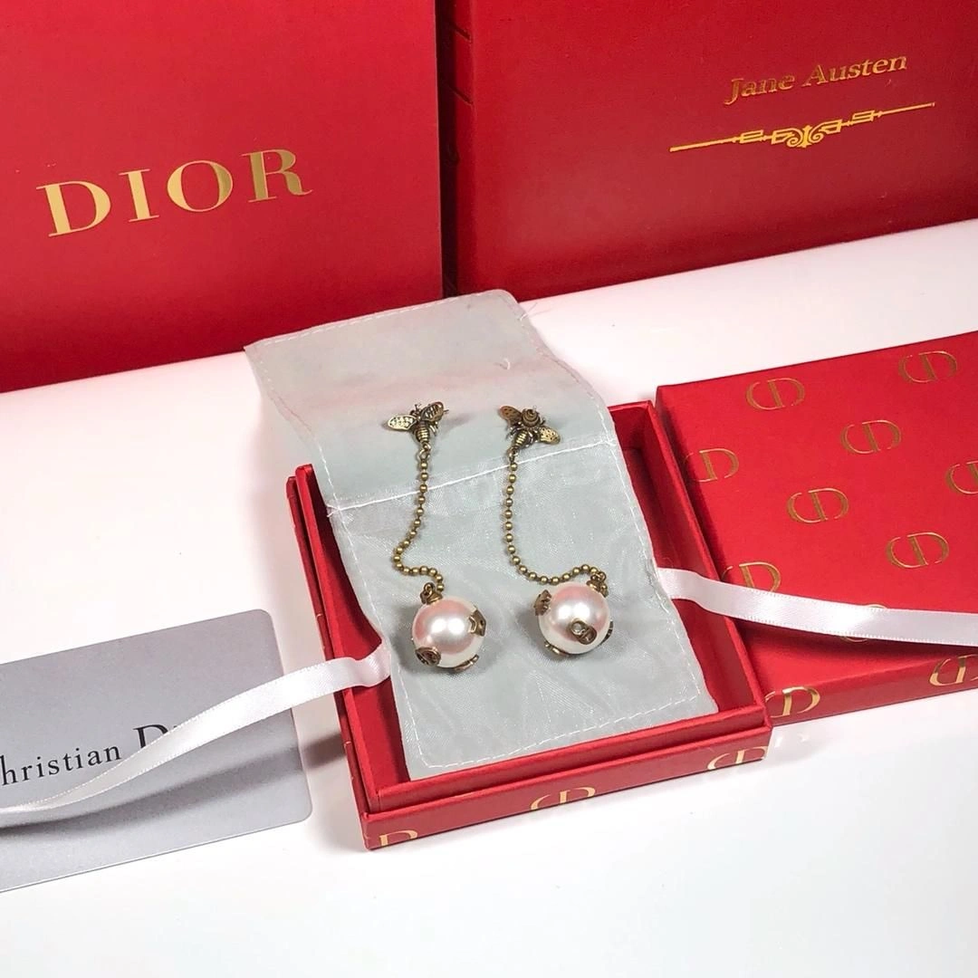 2019 Limited Edittion Christian Dior White Pearl Ball Pendant Yellow Gold Bee Diamonds Drop Earrings For Ladies