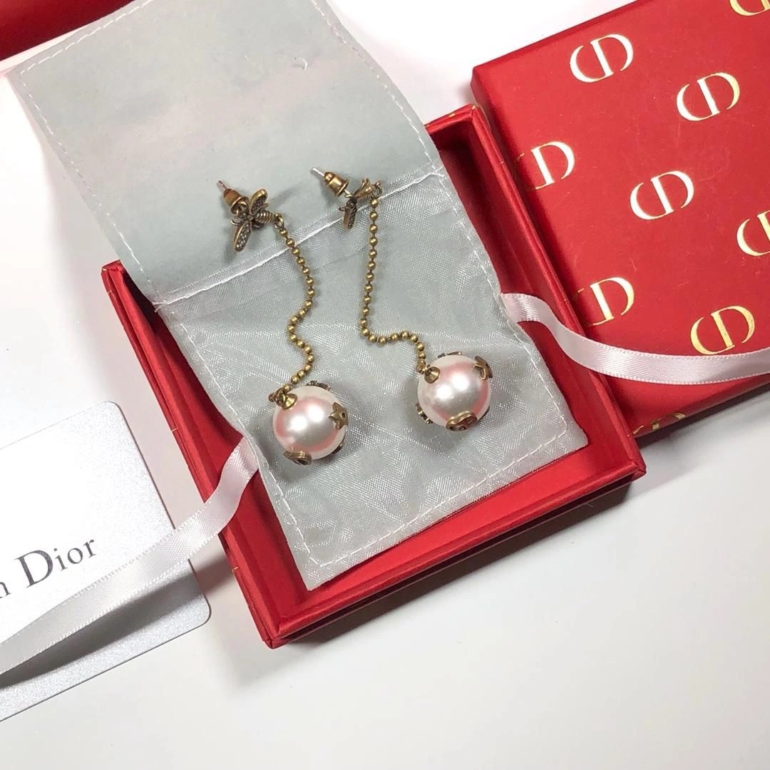 2019 Limited Edittion Christian Dior White Pearl Ball Pendant Yellow Gold Bee Diamonds Drop Earrings For Ladies