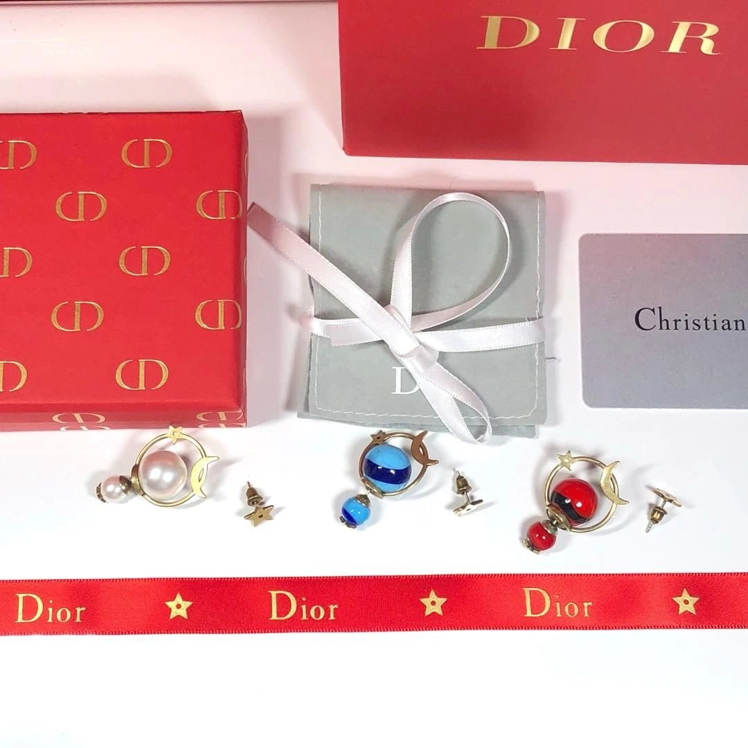 2019 New Dior Tribales Astre Lunaire Star Moon Asymmetric Brass Earrings For Ladies Blue Red White