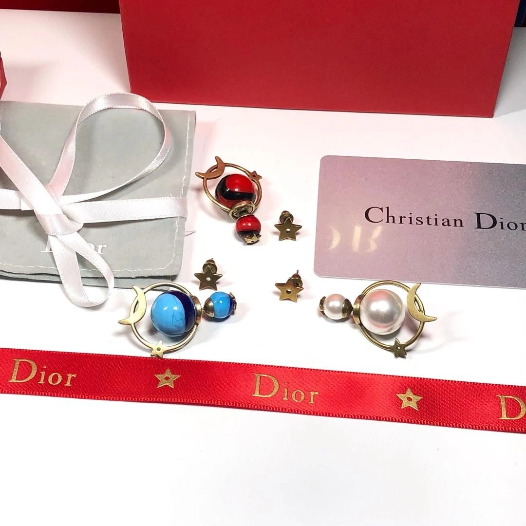 2019 New Dior Tribales Astre Lunaire Star Moon Asymmetric Brass Earrings For Ladies Blue Red White