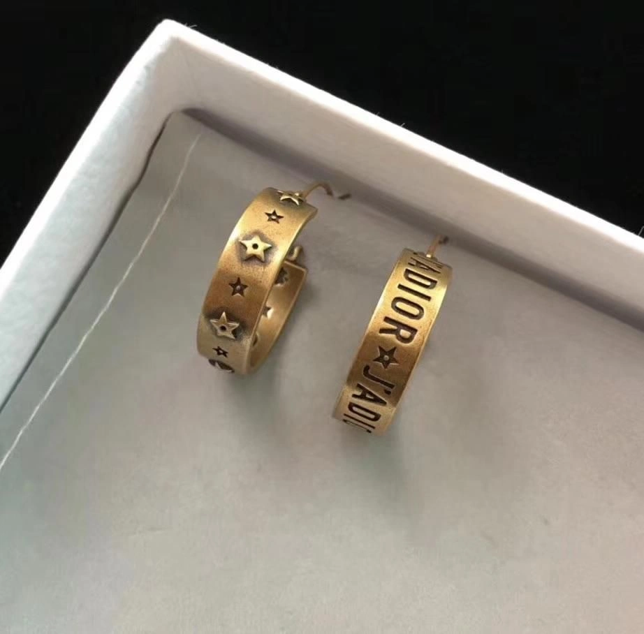 2019 Spring New Dior J’Adior Star-Logo Letter Pattern Charming Ladies Yellow Brass Hoop Earrings