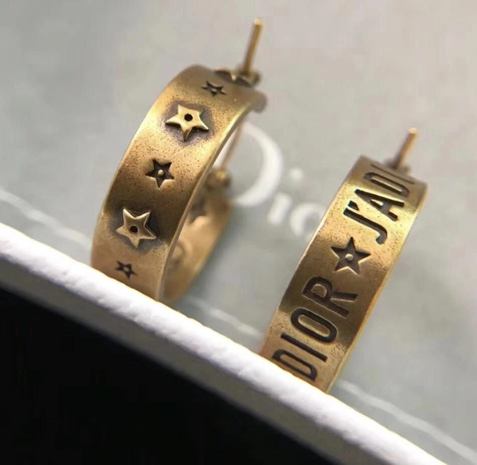 2019 Spring New Dior J’Adior Star-Logo Letter Pattern Charming Ladies Yellow Brass Hoop Earrings