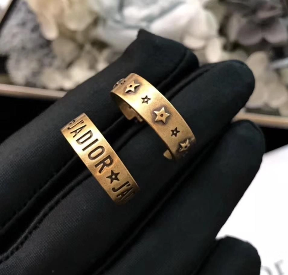 2019 Spring New Dior J’Adior Star-Logo Letter Pattern Charming Ladies Yellow Brass Hoop Earrings