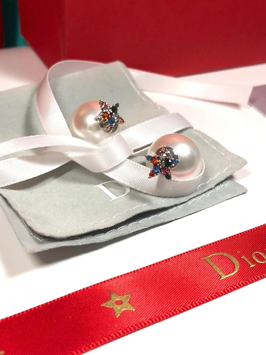 2019 Womens Popular Christian Dior Tribales White Pearl Luxury Colorful Diamonds Star Shaped Stud Earrings Replica