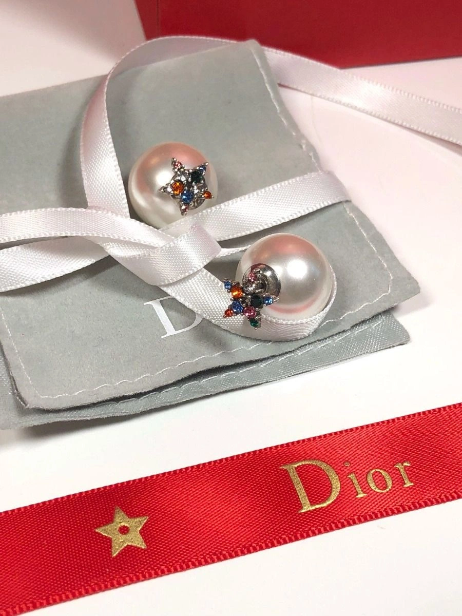 2019 Womens Popular Christian Dior Tribales White Pearl Luxury Colorful Diamonds Star Shaped Stud Earrings Replica