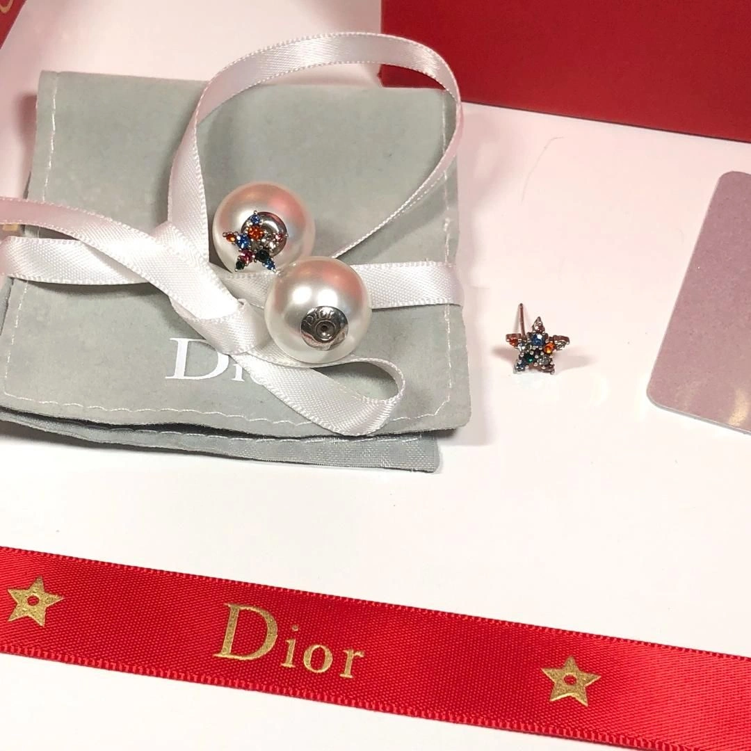 2019 Womens Popular Christian Dior Tribales White Pearl Luxury Colorful Diamonds Star Shaped Stud Earrings Replica