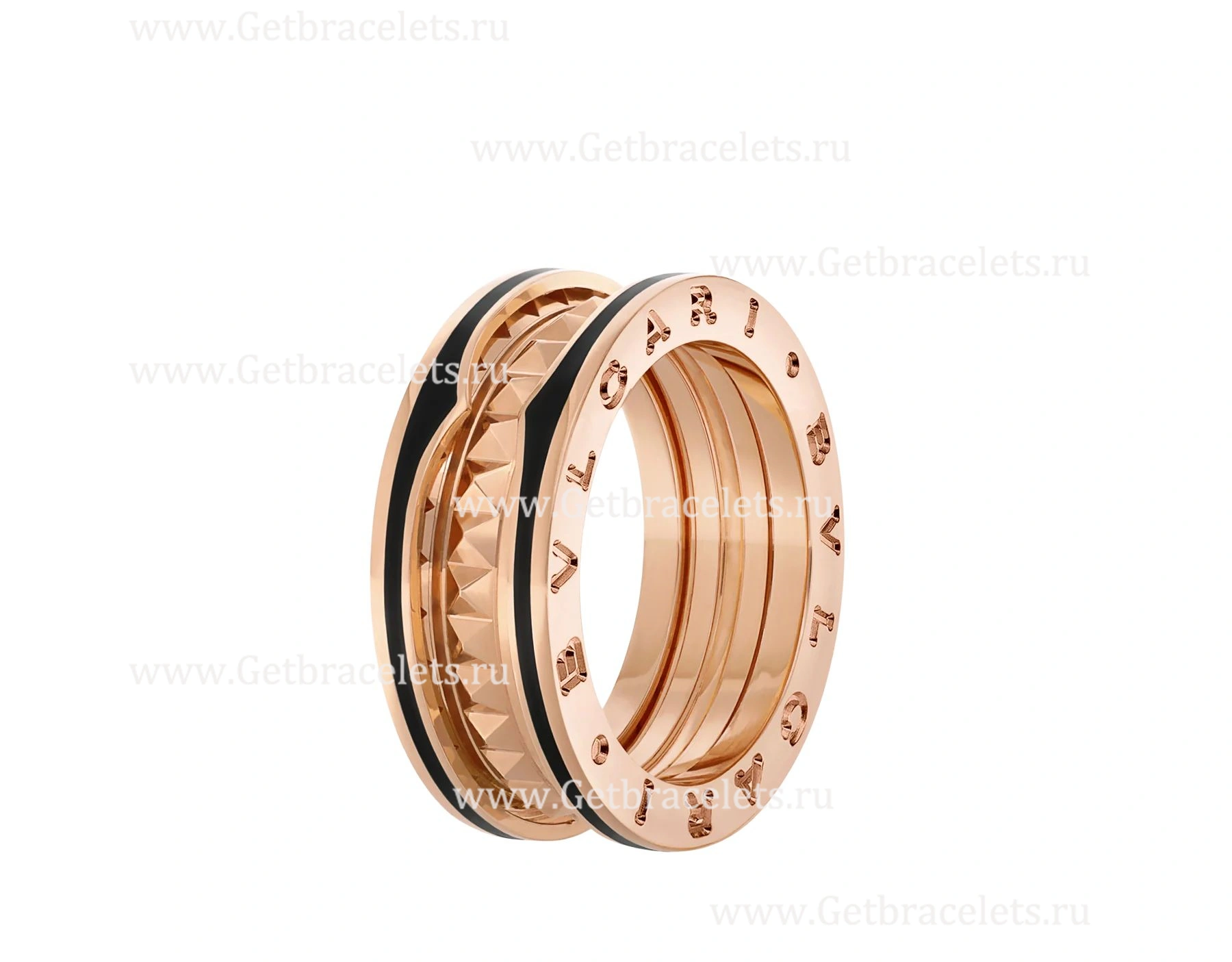 2020 New B.zero1 Rock 2-band Ring in 18kt Rose Gold with Studded Spiral and Black Ceramic Inserts on the Edges