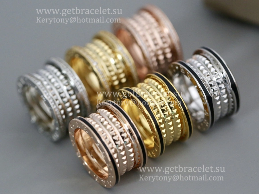 2020 New B.zero1 Rock 4-Band Ring in 18kt Yellow Gold with Studded Spiral and Pave Diamonds on the Edges