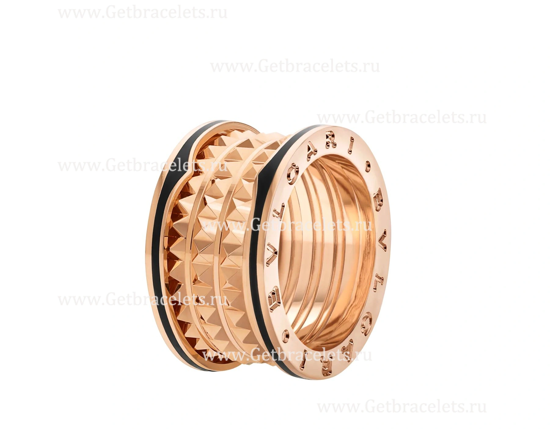 2020 New B.zero1 Rock 4-band Ring in 18kt Rose Gold with Studded Spiral and Black Ceramic Inserts on the Edges