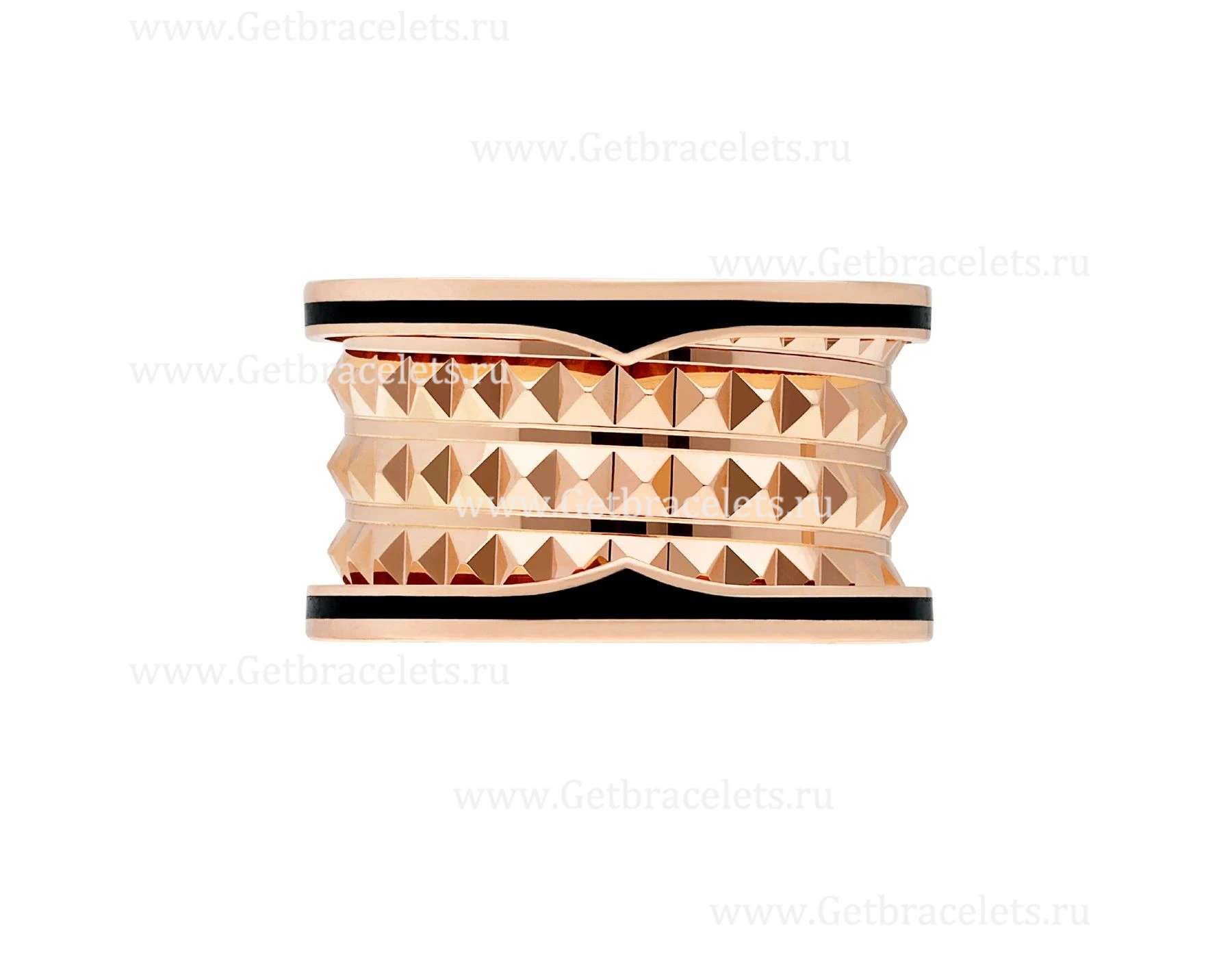 2020 New B.zero1 Rock 4-band Ring in 18kt Rose Gold with Studded Spiral and Black Ceramic Inserts on the Edges