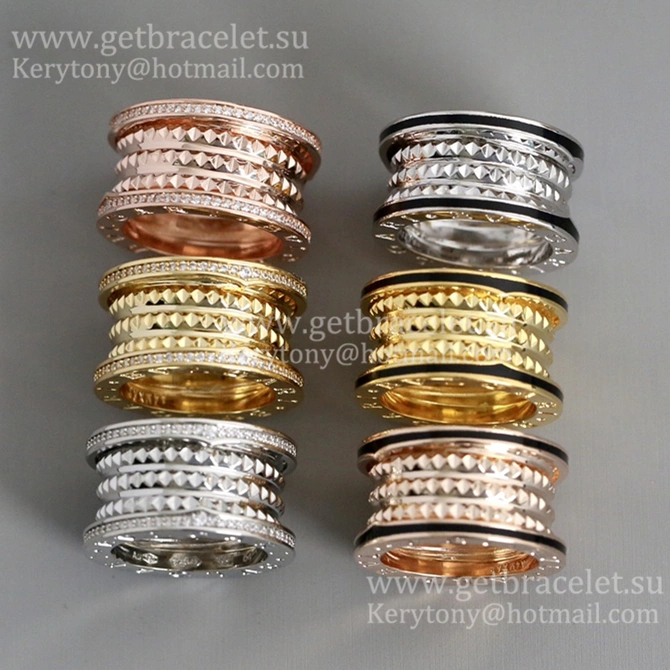 2020 New B.zero1 Rock 4-band Ring in 18kt Rose Gold with Studded Spiral and Black Ceramic Inserts on the Edges