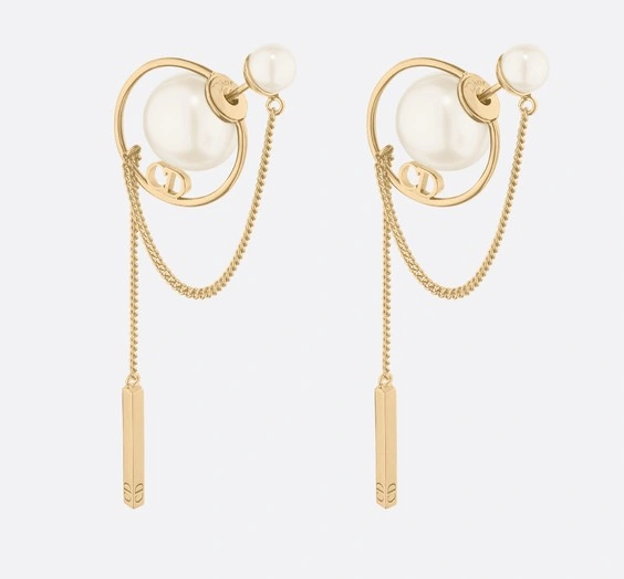 2021 Dior Tribales CD Rectangle Pendant White Pearl Ladies Yellow Gold Tassel Earrings Sale Australia E0956TRIRS_D301