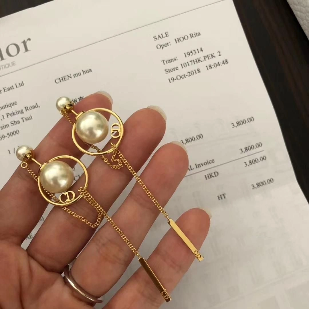 2021 Dior Tribales CD Rectangle Pendant White Pearl Ladies Yellow Gold Tassel Earrings Sale Australia E0956TRIRS_D301