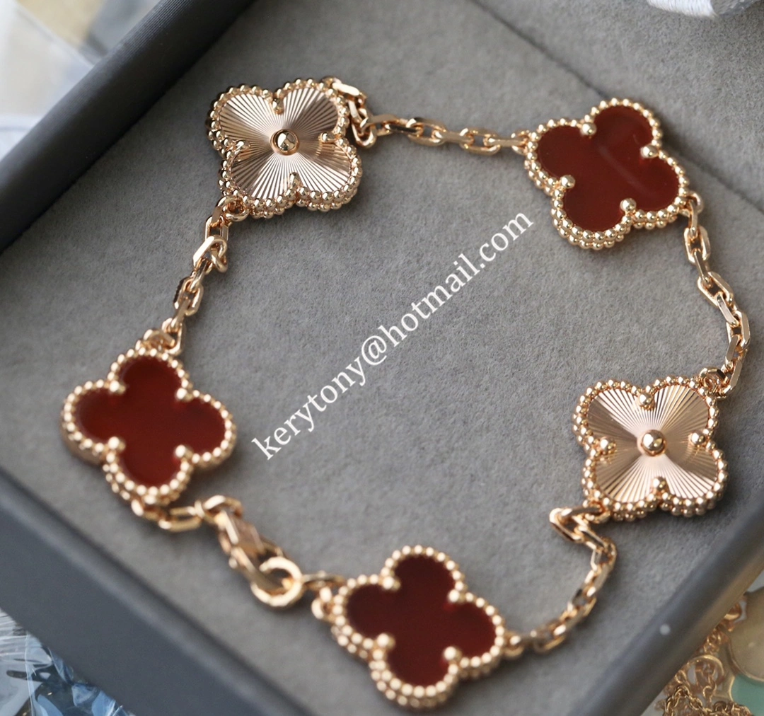 All The Rage Van Cleef Arpels Vintage Alhambra Bracelet 5 Motifs Rose Gold with Carnelian