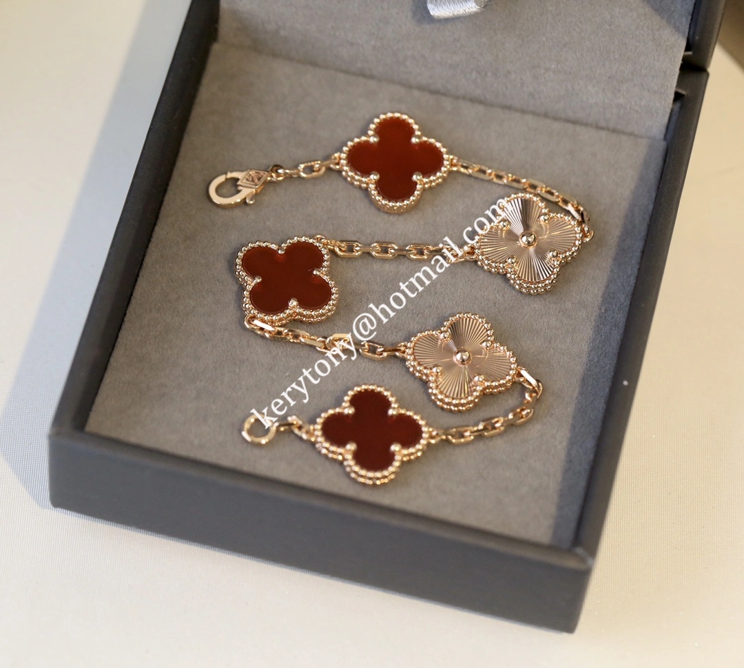 All The Rage Van Cleef Arpels Vintage Alhambra Bracelet 5 Motifs Rose Gold with Carnelian