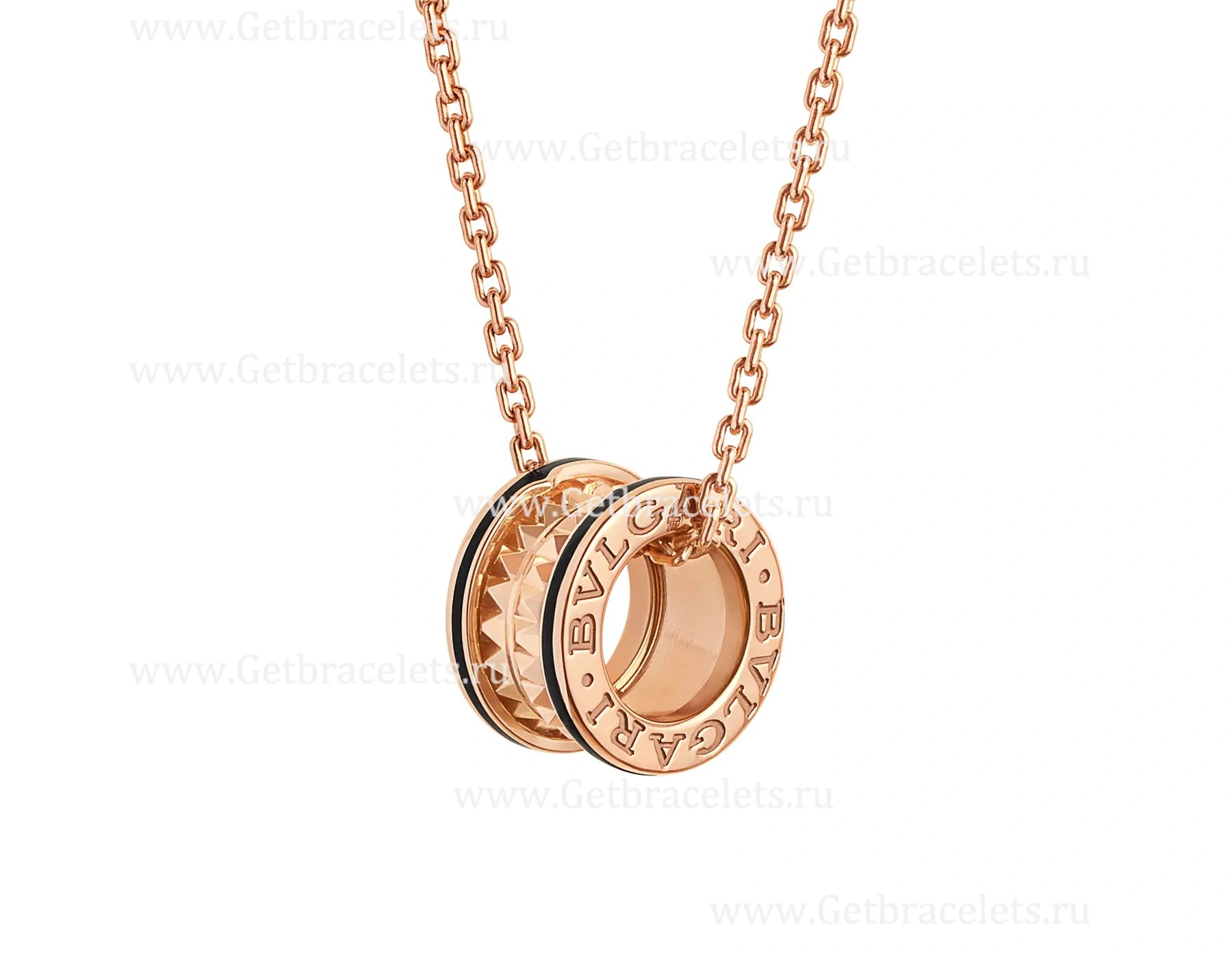B.zero1 Rock Necklace with 18kt Rose Gold Pendant with Studded Spiral Black Ceramic Inserts on the Edges