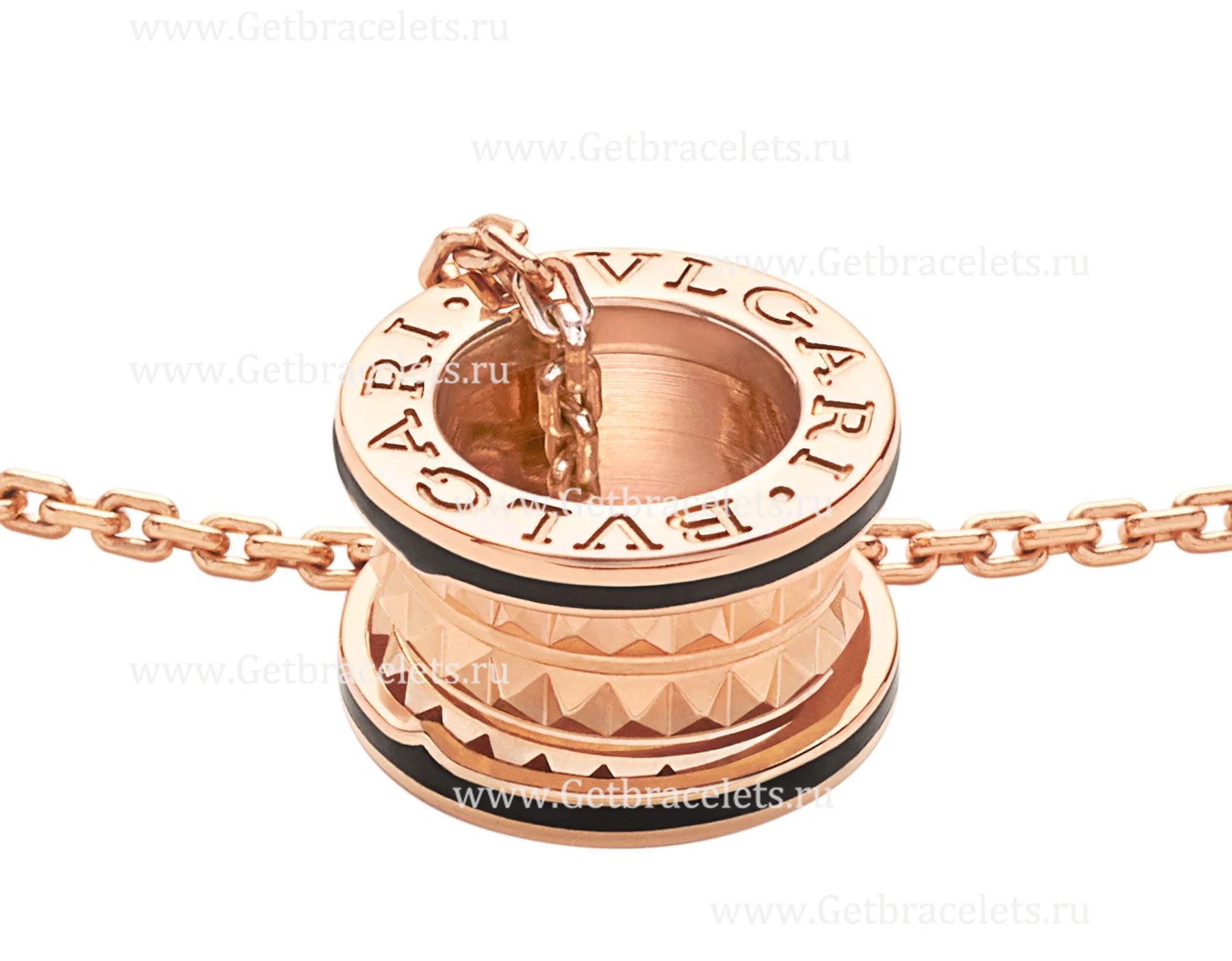 B.zero1 Rock Necklace with 18kt Rose Gold Pendant with Studded Spiral Black Ceramic Inserts on the Edges