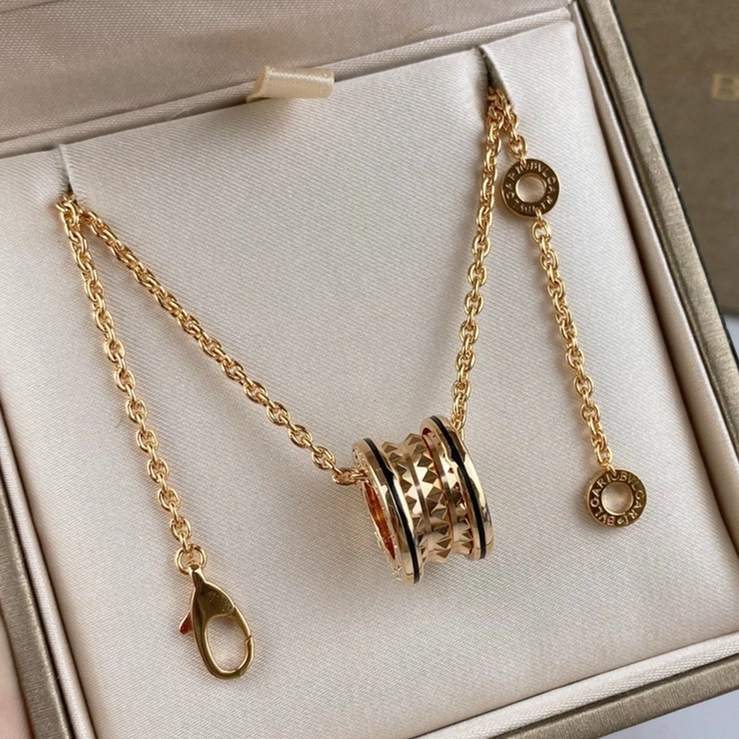 B.zero1 Rock Necklace with 18kt Rose Gold Pendant with Studded Spiral Black Ceramic Inserts on the Edges