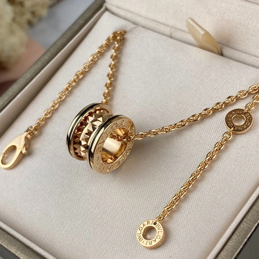 B.zero1 Rock Necklace with 18kt Rose Gold Pendant with Studded Spiral Black Ceramic Inserts on the Edges