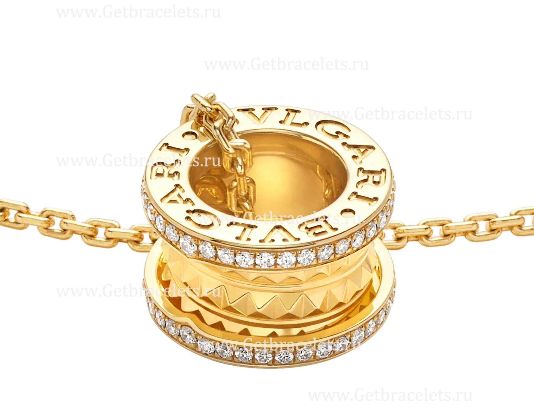B.zero1 Rock Necklace with 18kt Yellow Gold Pendant with Studded Spiral Pave Diamonds on the Edges
