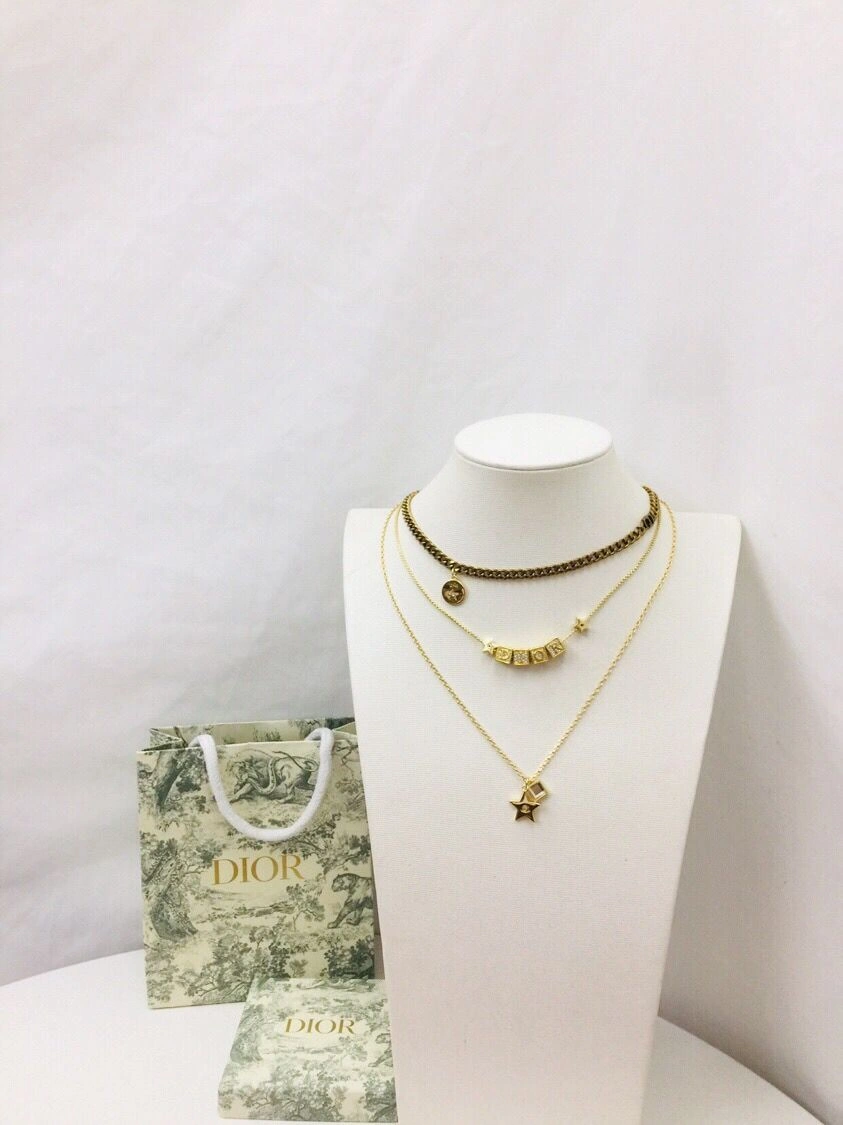 Best Price Christian Dior Lucky Square Pendants Logo Charm Women’s Fashion Brass Star Faux Multi-chain Necklace