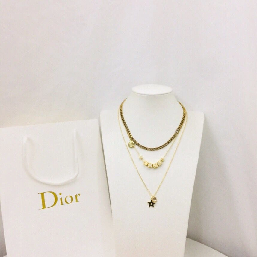 Best Price Christian Dior Lucky Square Pendants Logo Charm Women’s Fashion Brass Star Faux Multi-chain Necklace