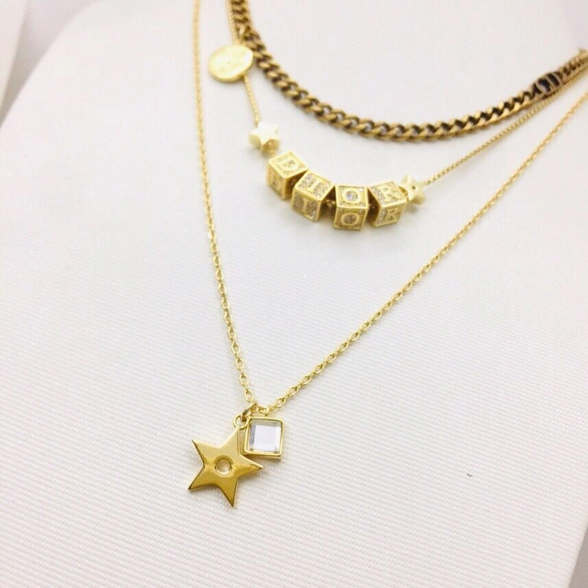 Best Price Christian Dior Lucky Square Pendants Logo Charm Women’s Fashion Brass Star Faux Multi-chain Necklace