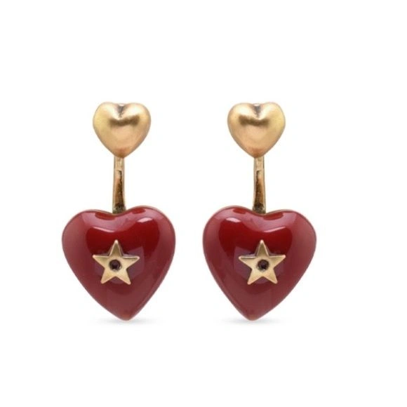 Best Price Dior Dioramour Red Enamel Heart-shaped Pendant Star Detail Women Antique Brass Earrings Fashion Jewellery