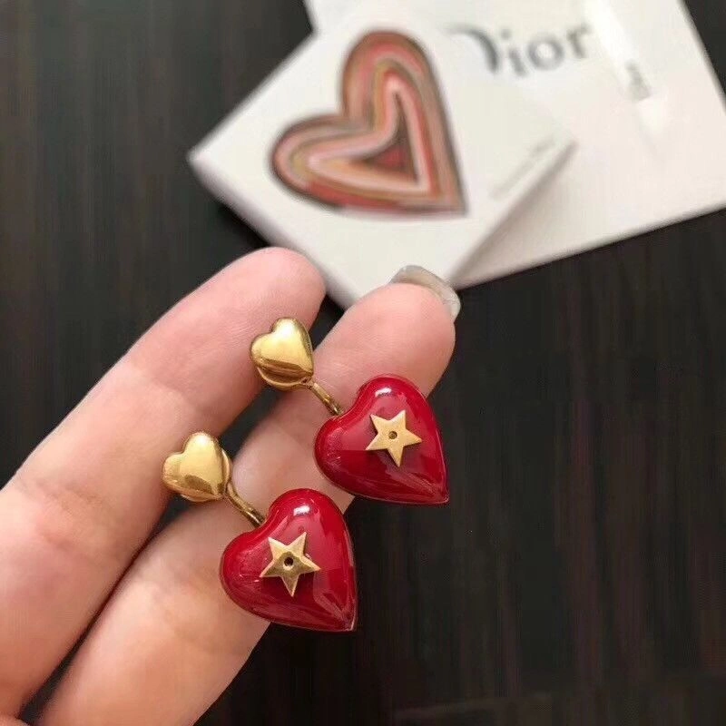 Best Price Dior Dioramour Red Enamel Heart-shaped Pendant Star Detail Women Antique Brass Earrings Fashion Jewellery