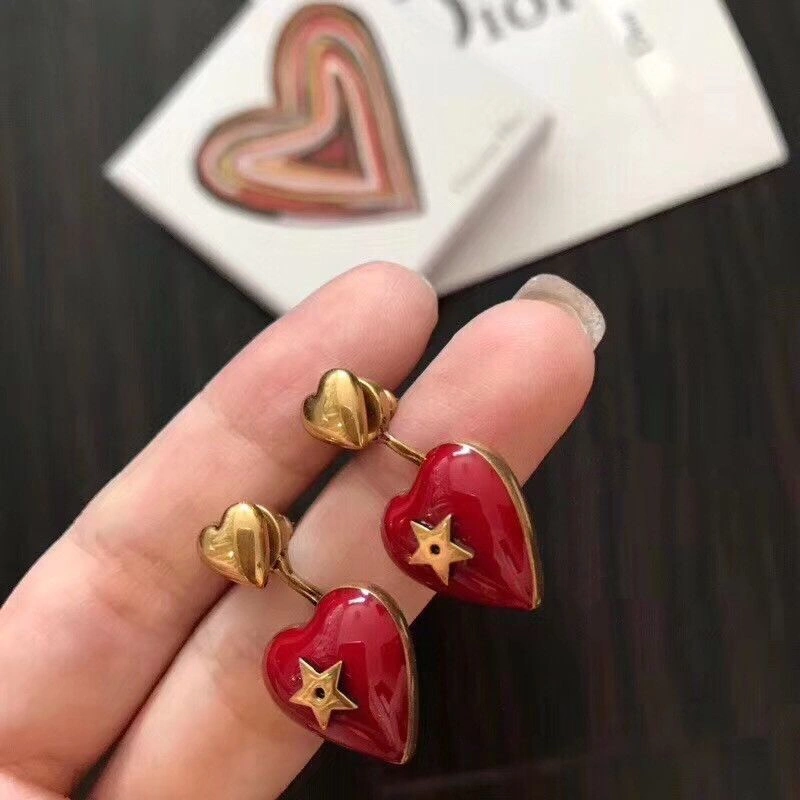 Best Price Dior Dioramour Red Enamel Heart-shaped Pendant Star Detail Women Antique Brass Earrings Fashion Jewellery