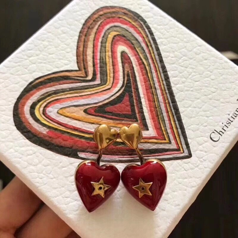 Best Price Dior Dioramour Red Enamel Heart-shaped Pendant Star Detail Women Antique Brass Earrings Fashion Jewellery