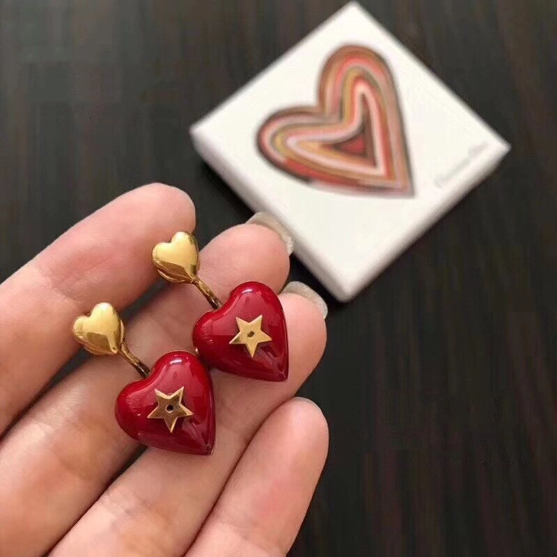 Best Price Dior Dioramour Red Enamel Heart-shaped Pendant Star Detail Women Antique Brass Earrings Fashion Jewellery