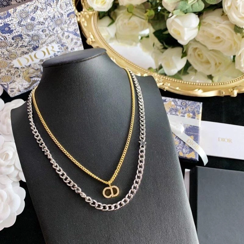 Best Site Christian Dior Clair D Lune CD Logo Diamond Pendant Women Two-tone Double Link Chain Necklace