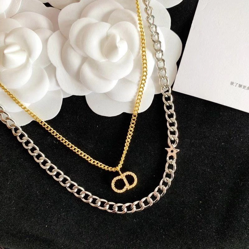 Best Site Christian Dior Clair D Lune CD Logo Diamond Pendant Women Two-tone Double Link Chain Necklace